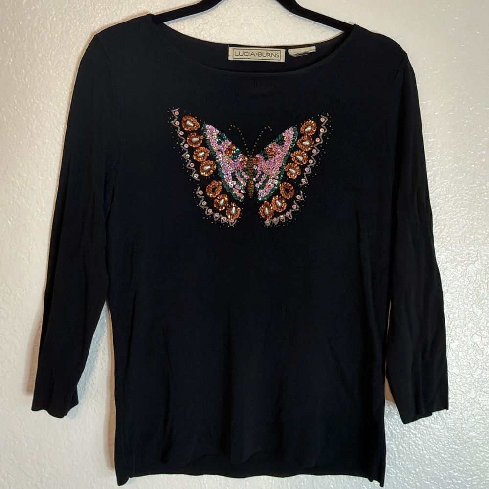 Vintage retro Y2K Lucia Burns Black knitTop with embellished boho Butterfly
